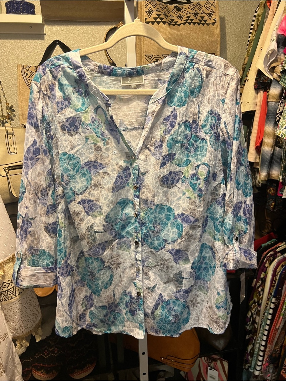 JM Collection White Button-Front Shirt with Blue Floral Print